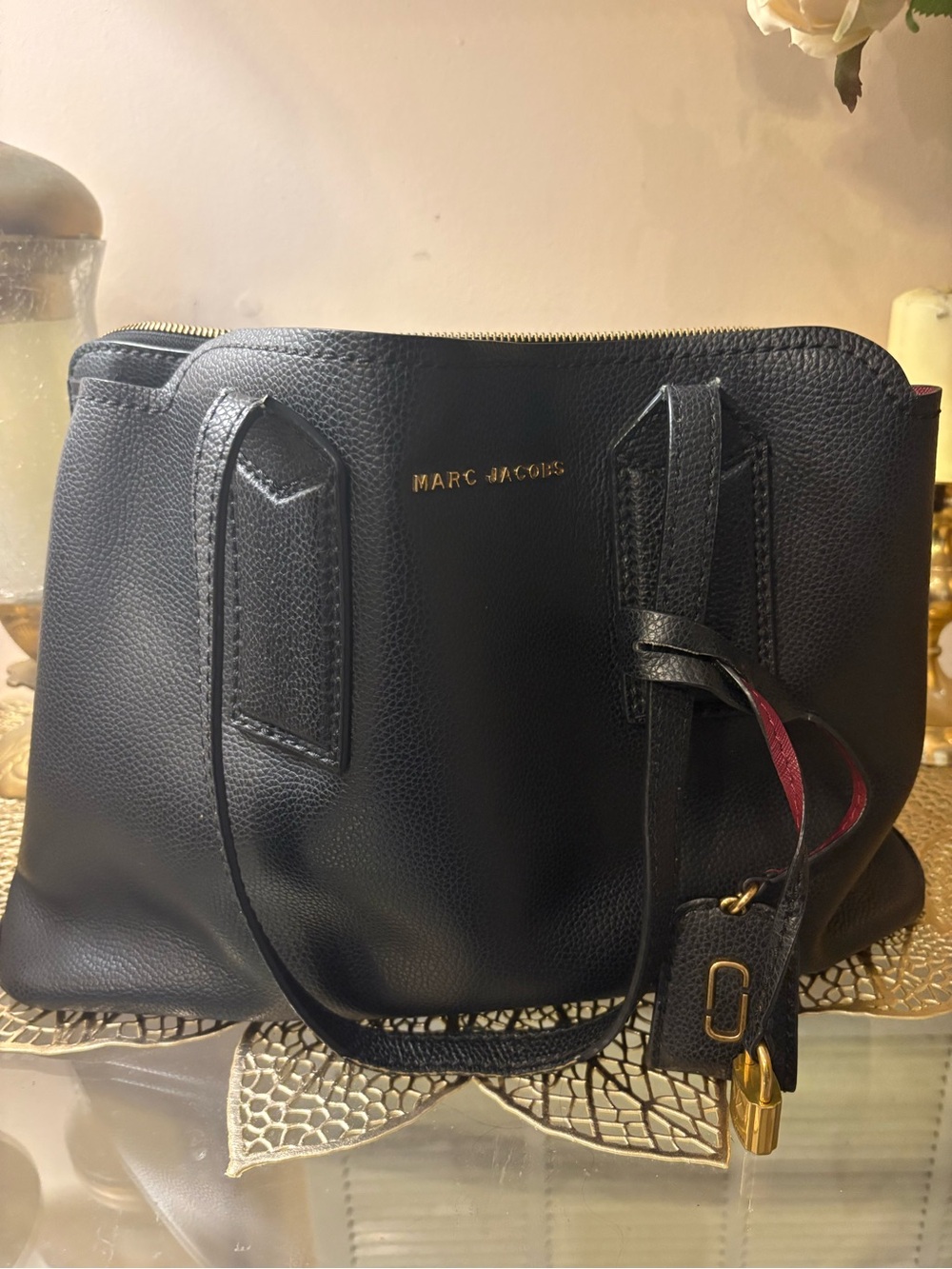 Marc Jacobs Black Leather Tote with Gold Accents